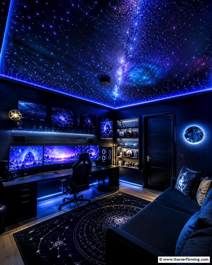Black Gaming Room With a Starry Ceiling - 25 Sleek Black Gaming Room Ideas for Gamers
