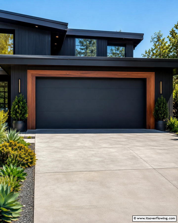 Black Garage Door Framed with Wood - 25 Black House With Wood Accents Ideas for a Bold Design