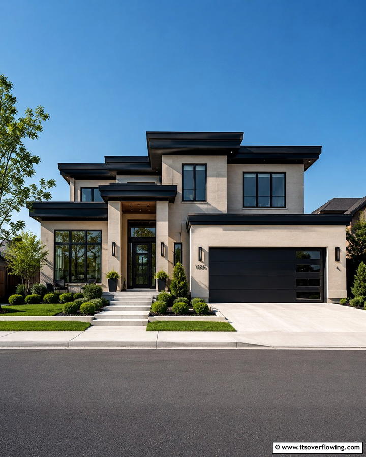 Black Garage Door on a Beige Exterior - 30 Beige & Black House Exterior Design Ideas & Inspiration