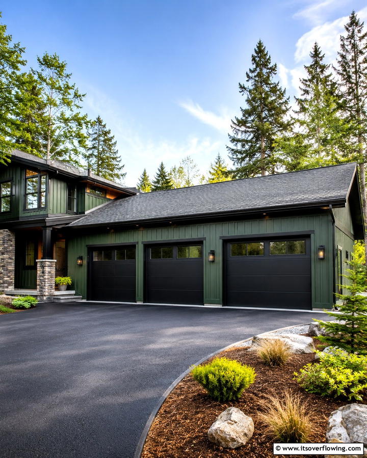 Black Garage Doors on Forest Green Homes - 25 Forest Green House With Black Trim Ideas- Bold & Modern