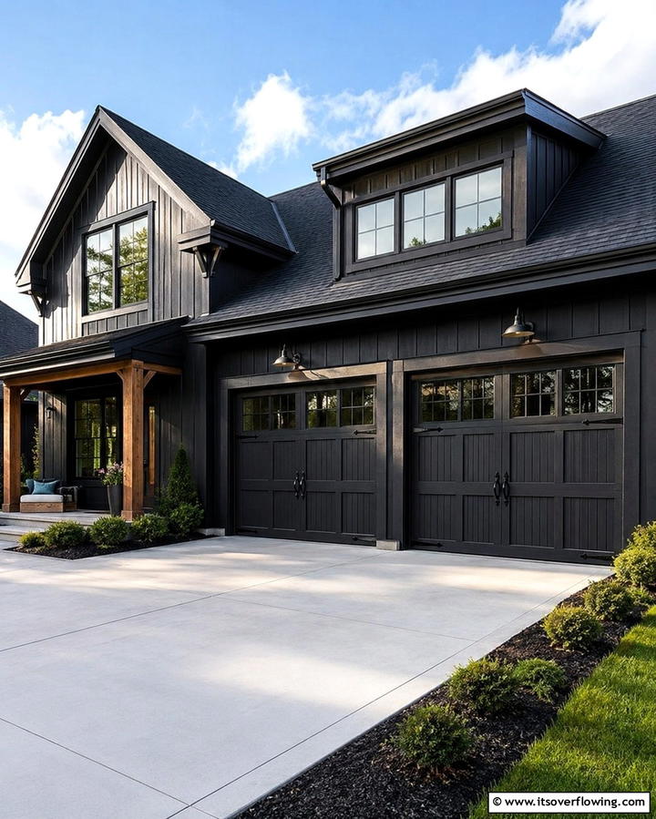 Black Garage Doors with Windows - 25 Black Modern Farmhouse Exterior Design Ideas