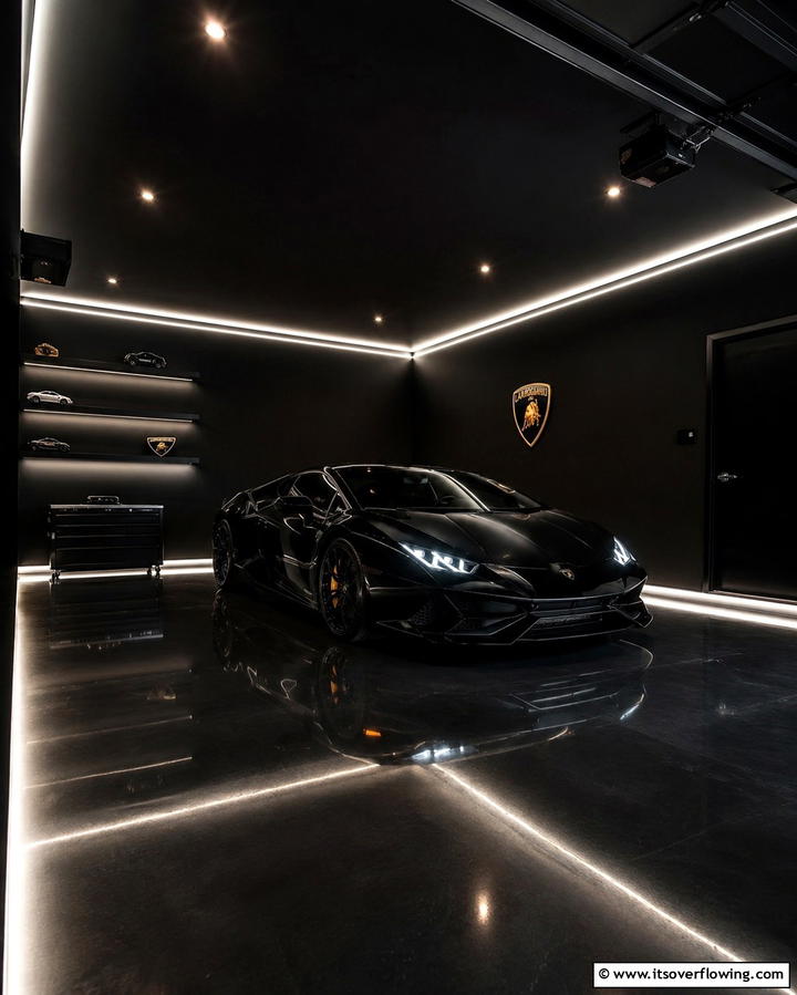 Black Garage Walls with Accent Lighting - 25 Black Garage Ideas for a Sleek and Functional Space