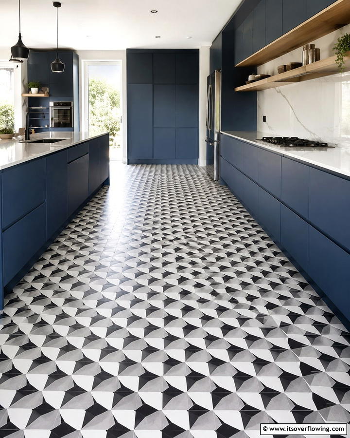 Black Geometric Pattern Floor - 30 Sleek Black Floor Kitchen Ideas for Contemporary Designs