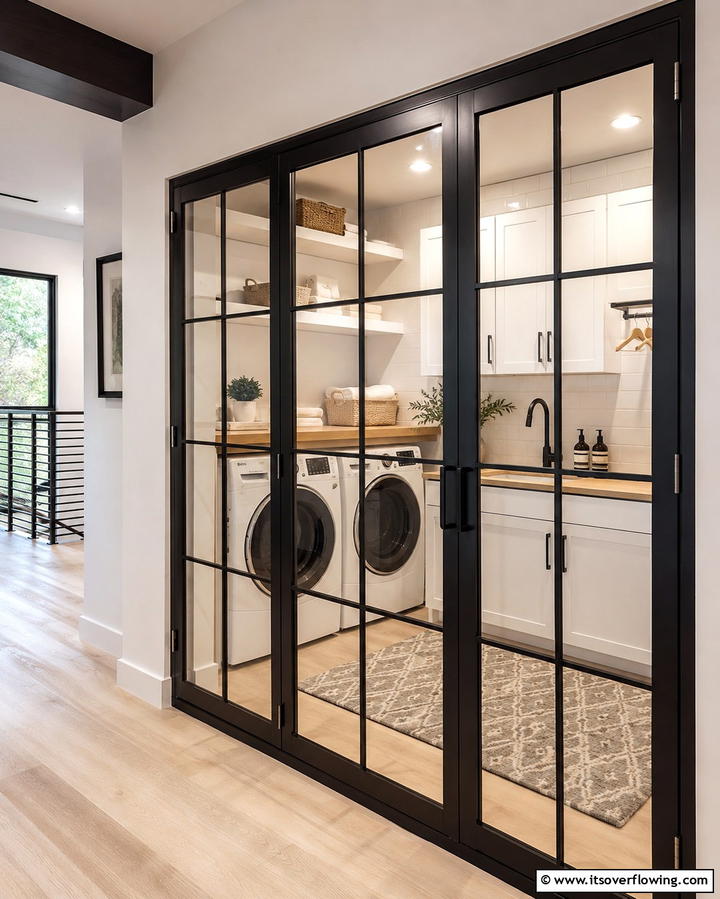 Black Glass Doors for a Modern Touch - 30 Stylish Black Laundry Room Ideas for a Modern Utility Space