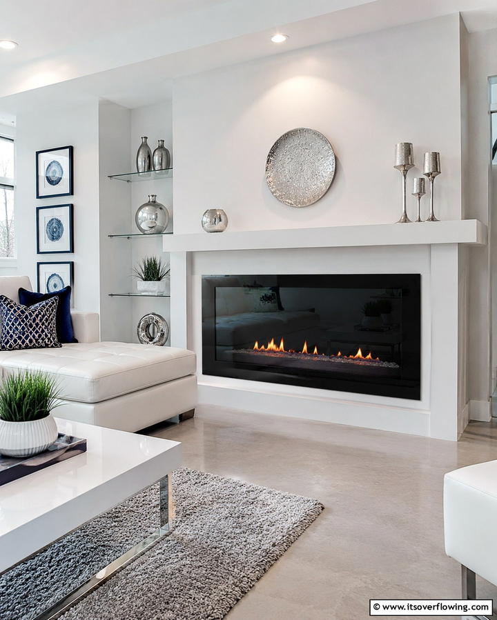 Black Glass Fireplace Insert in White Frame - 25 Black and White Fireplace Ideas for Timeless Elegance