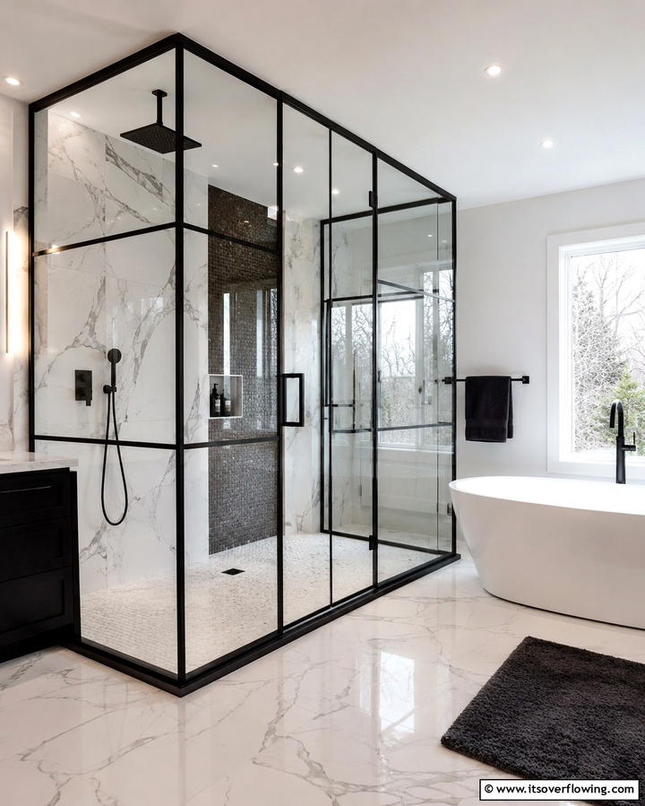 Black Glass Partitions - 25 Black Bathroom Ideas to Elevate Your Space