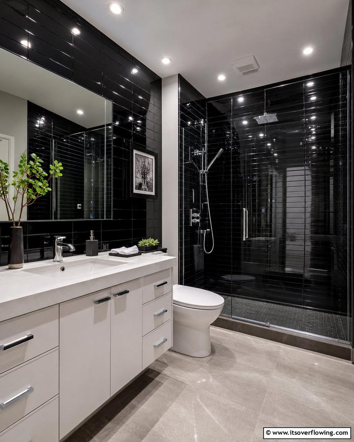 Black Glass Tiles for Reflective Elegance - 25 Stylish Black Tile Bathroom Ideas