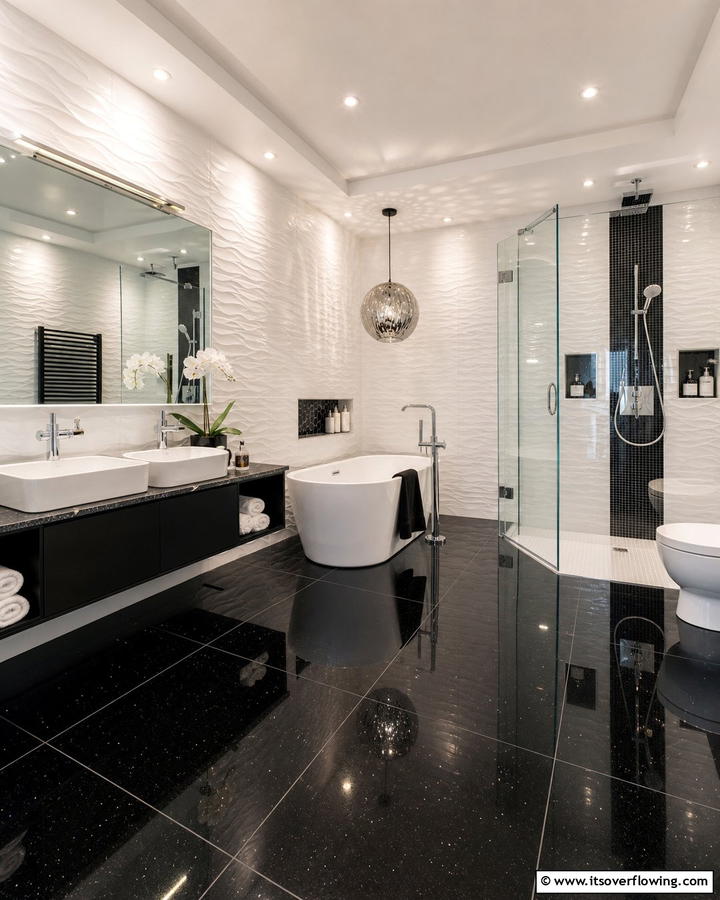 Black Glossy Tiles with White Textured Panels - 20 Black Floor Bathroom With White Walls Ideas for Contrast
