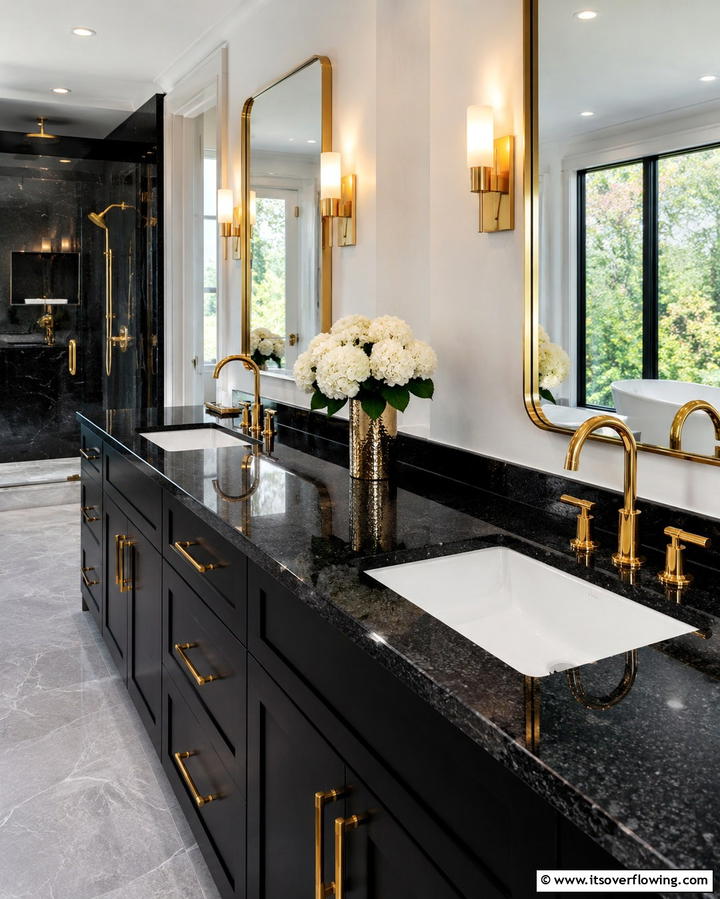 Black Granite Countertops for Durability - 30 Bathrooms with Black Countertops for Modern Elegance
