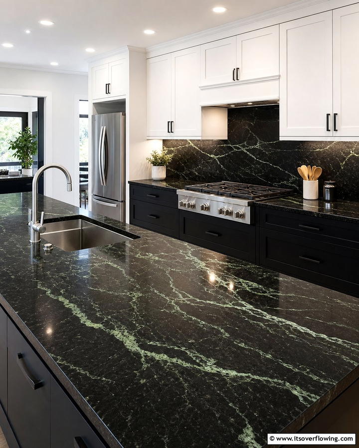 Black Granite Countertops with Green Veins - 25 Black and Green Kitchen Ideas for Bold Design