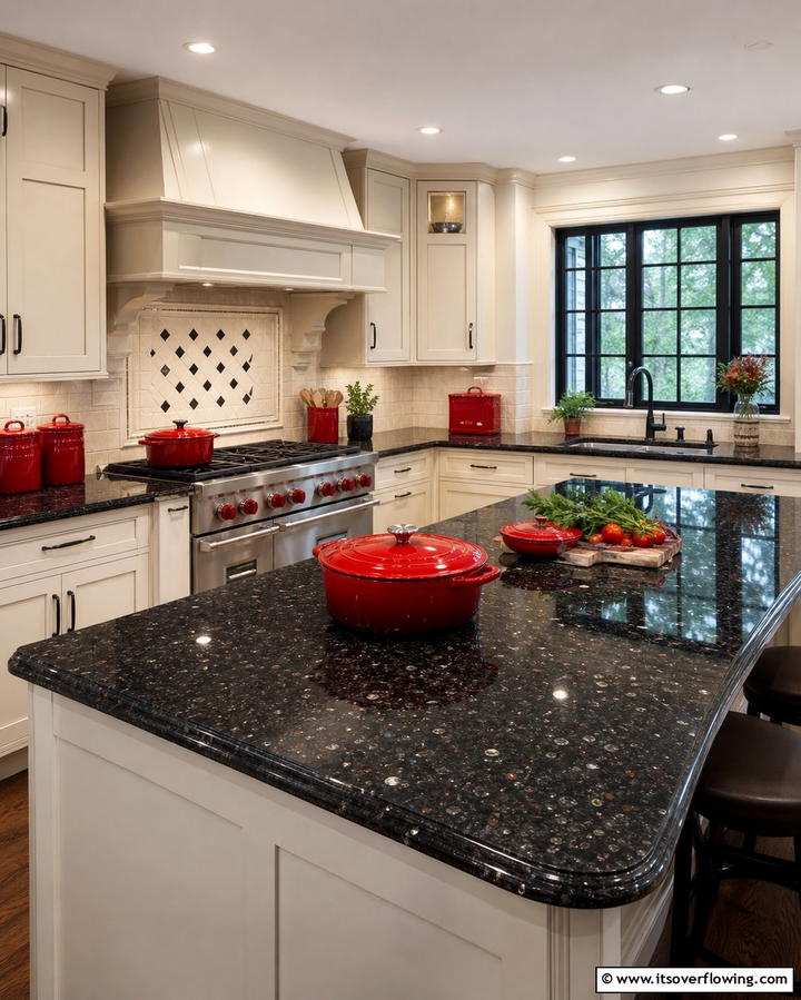 Black Granite Countertops with Red Accents - 25 Red and Black Kitchen Ideas for a Bold Look