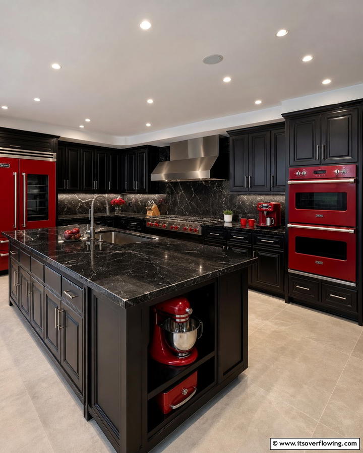 Black Granite Countertops with Red Appliances - 25 Red and Black Kitchen Ideas for a Bold Look
