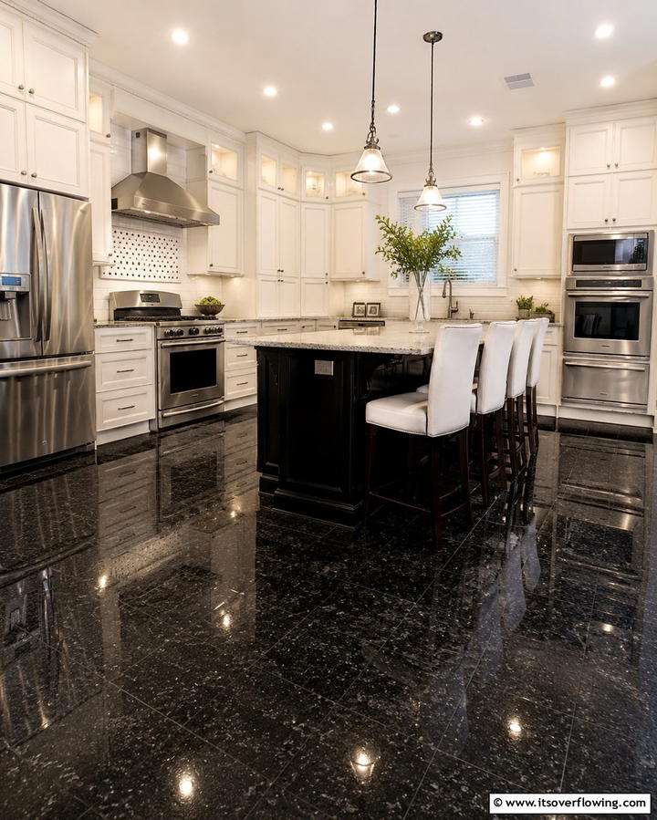 Black Granite Floors for Lasting Durability - 25 Black Kitchen Floor Ideas for a Sleek and Stylish Space