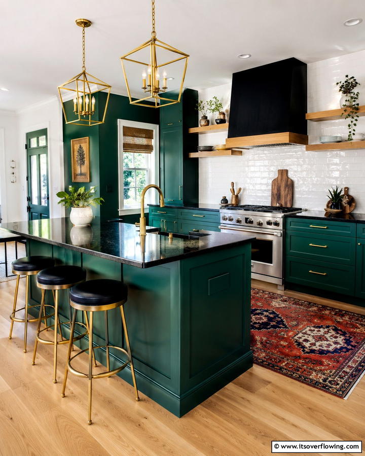Black Granite Paired with Bold Cabinet Colors - 30 Sleek Black Granite Countertop Kitchen Designs for Luxury