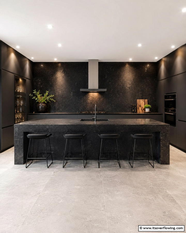 Black Granite with Backsplash Integration - 30 Sleek Black Granite Countertop Kitchen Designs for Luxury