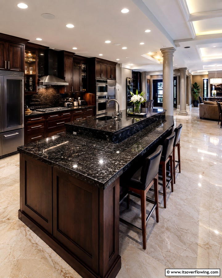 Black Granite with Multi Level Countertops - 30 Sleek Black Granite Countertop Kitchen Designs for Luxury