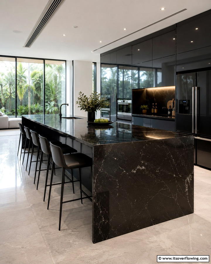 Black Granite with Waterfall Edge Design - 30 Sleek Black Granite Countertop Kitchen Designs for Luxury