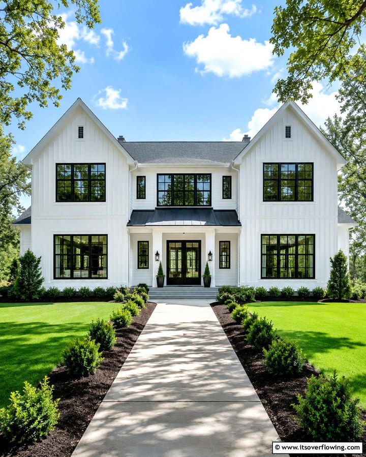 Black Grid Windows on a White Farmhouse - 25 White Farmhouse with Black Windows Ideas