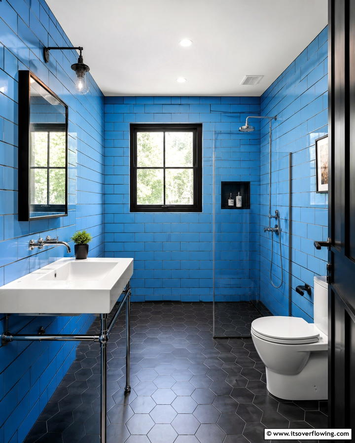 Black Grout on Blue Tiled Walls for a Modern Look - 30 Striking Black and Blue Bathroom Ideas for Dramatic Flair