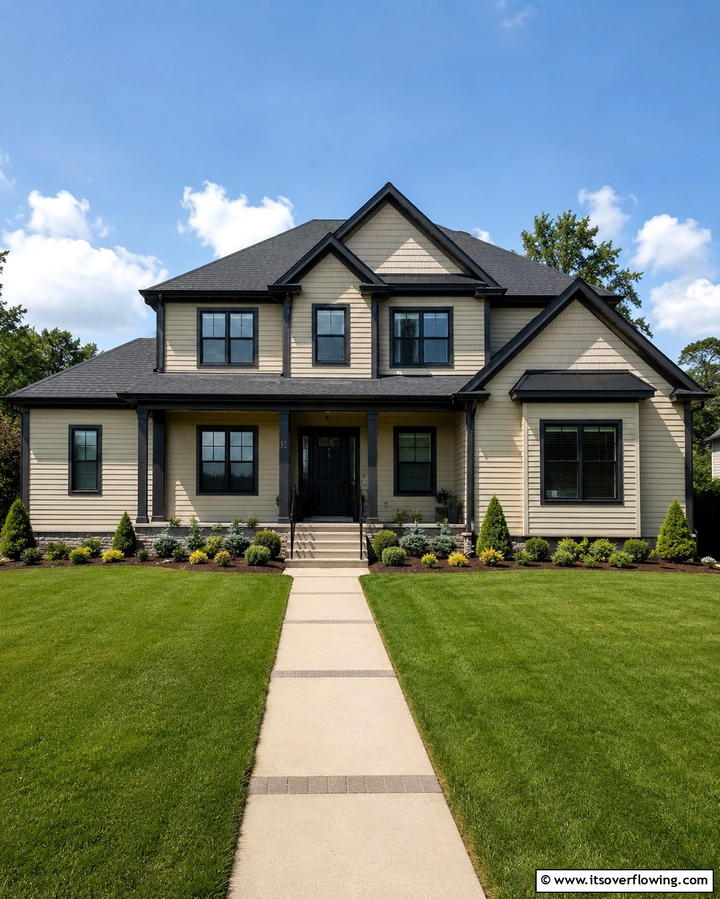 Black Gutters with Beige Siding - 30 Beige & Black House Exterior Design Ideas & Inspiration