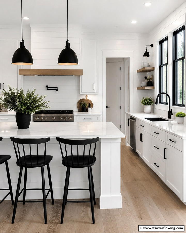 Black Hardware Accents - 30 Charming White Farmhouse Kitchen Inspirations