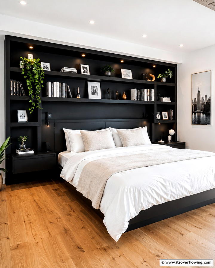 Black Headboard with Built In Shelves - 25 Black Headboard Bedroom Ideas for a Bold Statement
