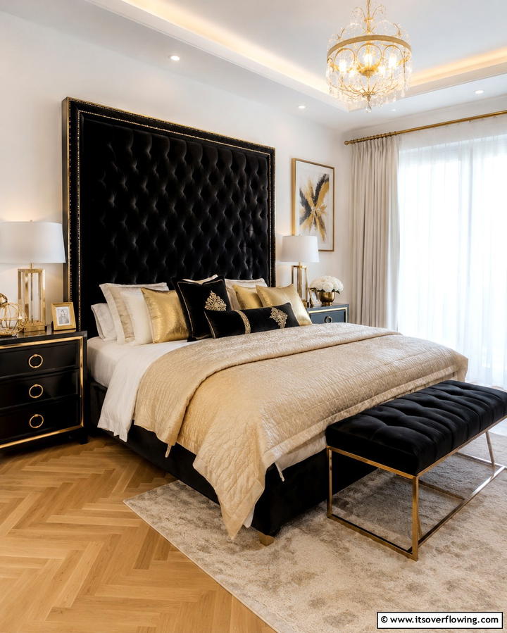Black Headboard with Gold Details - 25 Stunning Black and Gold Bedroom Design Ideas