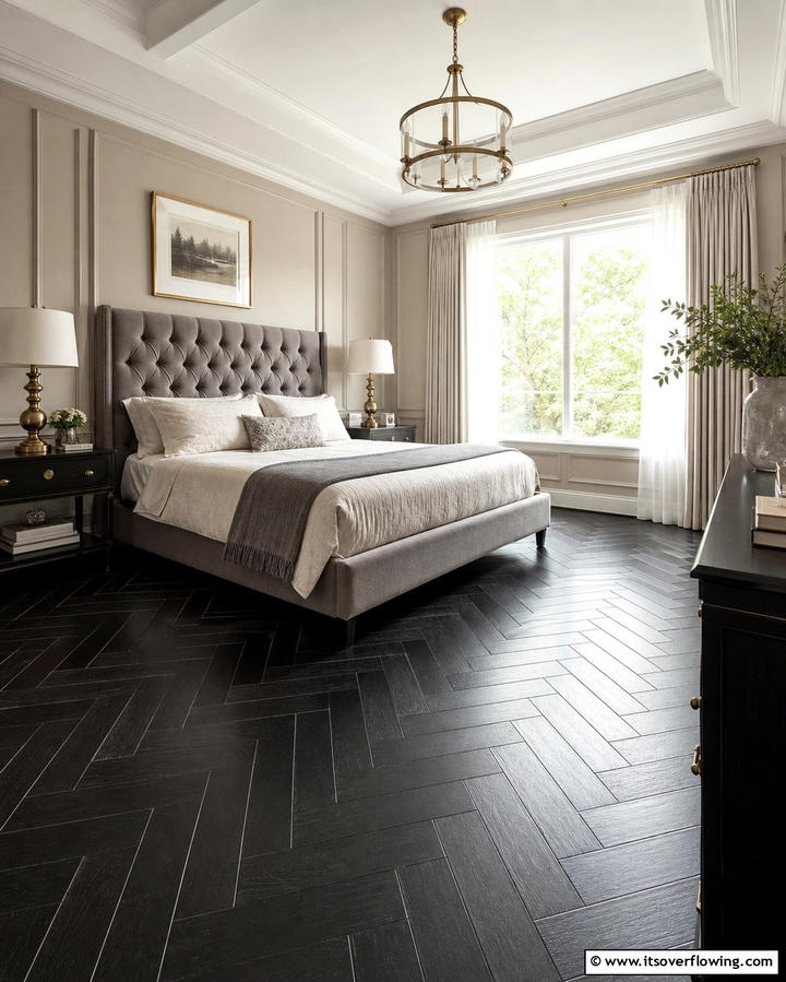 Black Herringbone Floors for a Sophisticated Twist - 25 Black Floor Bedroom Ideas for a Bold and Modern Look