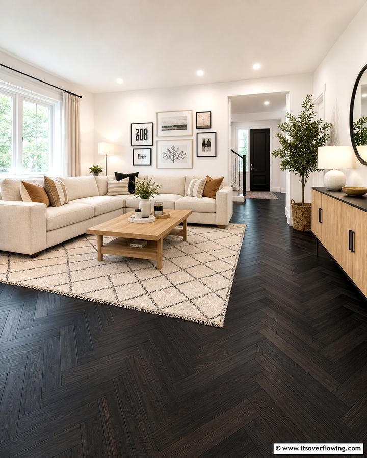 Black Herringbone Pattern Floors - 25 Black Floor Living Room Ideas for a Modern Aesthetic