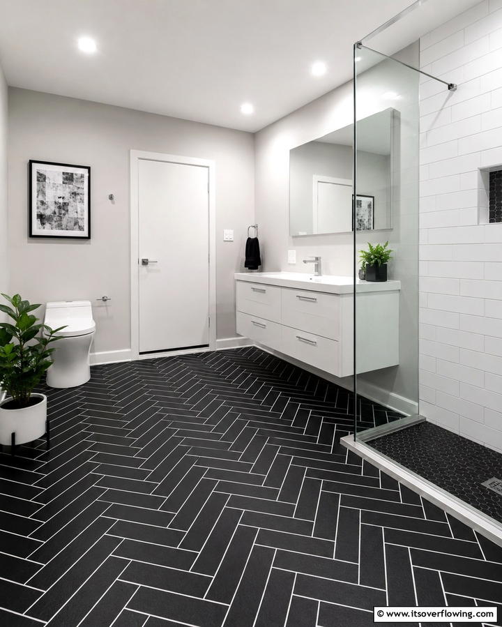 Black Herringbone Patterned Floors for Visual Interest - 25 Black Floor Bathroom Ideas for a Bold Look