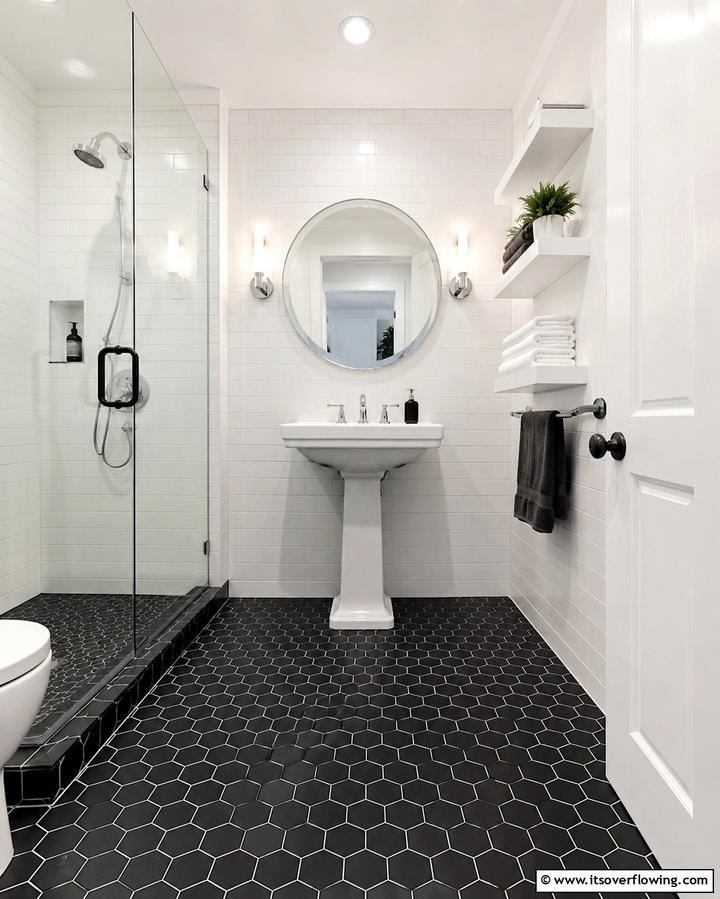Black Herringbone Tile Design - 25 Black Floor Bathroom Ideas for a Bold Look