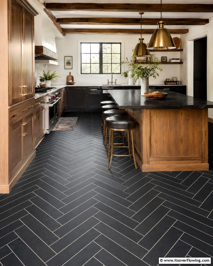 Black Herringbone Tile Floors - 25 Black Kitchen Floor Ideas for a Sleek and Stylish Space