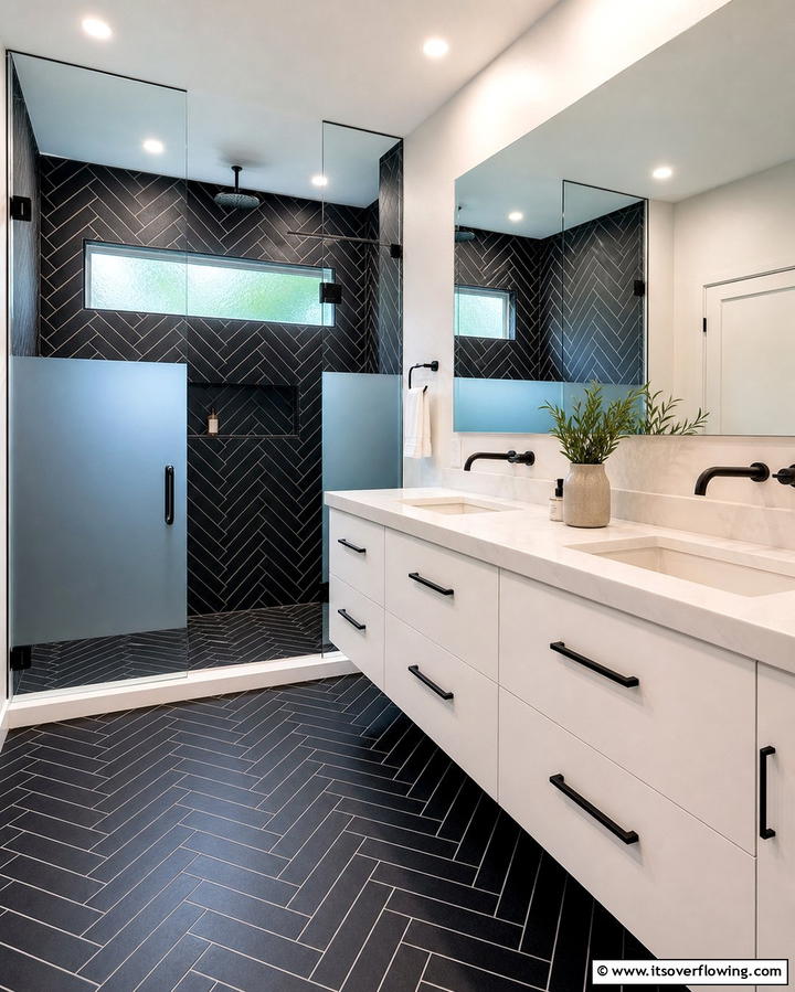 Black Herringbone Tiles for Dynamic Patterns - 25 Stylish Black Tile Bathroom Ideas