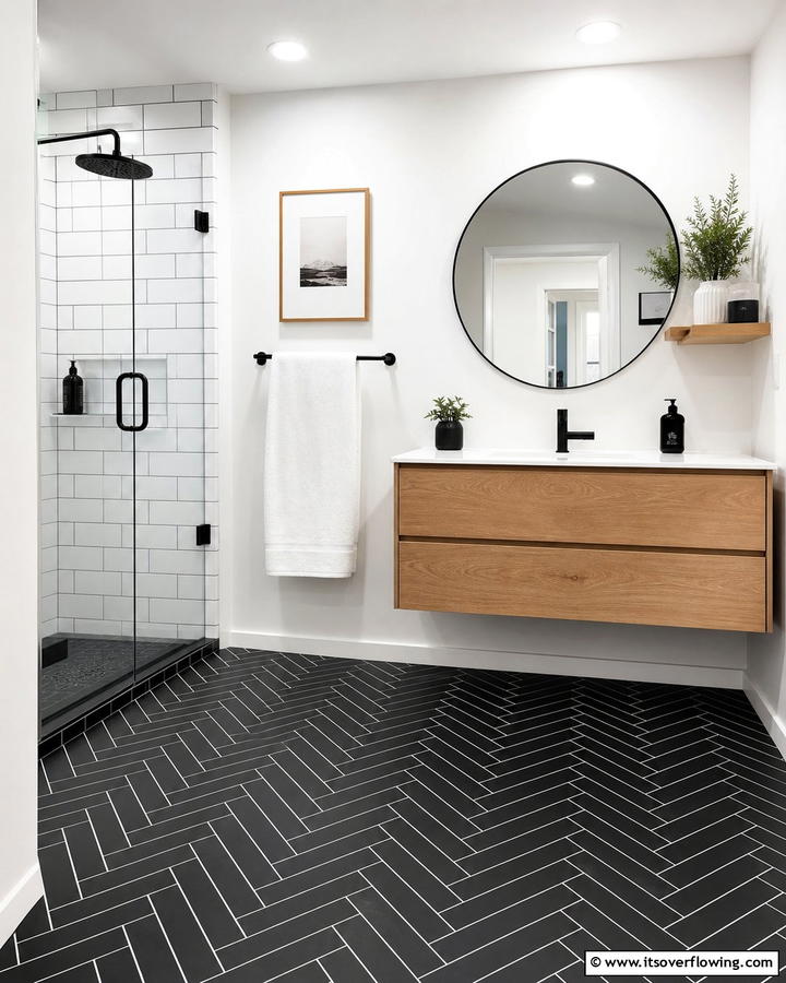 Black Herringbone Tiles with White Grout Walls - 20 Black Floor Bathroom With White Walls Ideas for Contrast