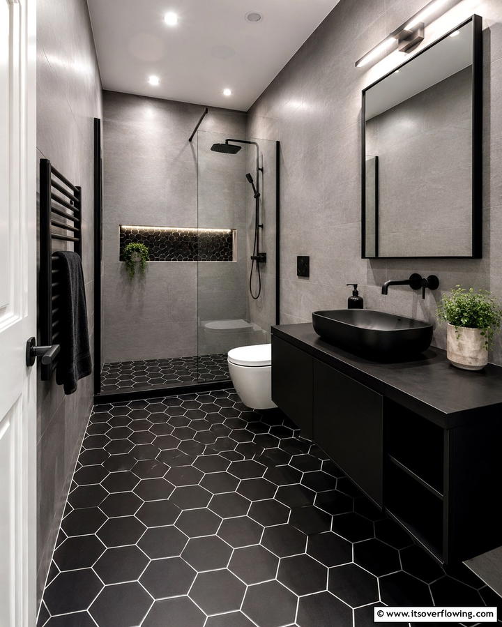 Black Hexagon Floor Tiles - 25 Black and Grey Bathroom Ideas for a Sleek Design