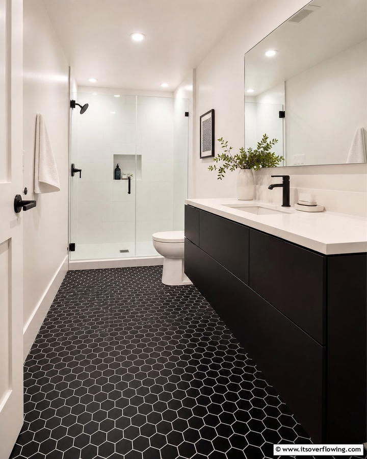 Black Hexagon Tiles with White Walls - 20 Black Floor Bathroom With White Walls Ideas for Contrast