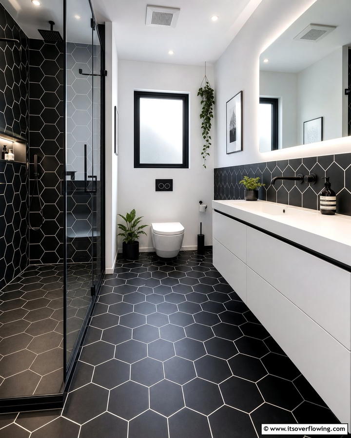 Black Hexagonal Tiles for Geometric Flair - 25 Stylish Black Tile Bathroom Ideas