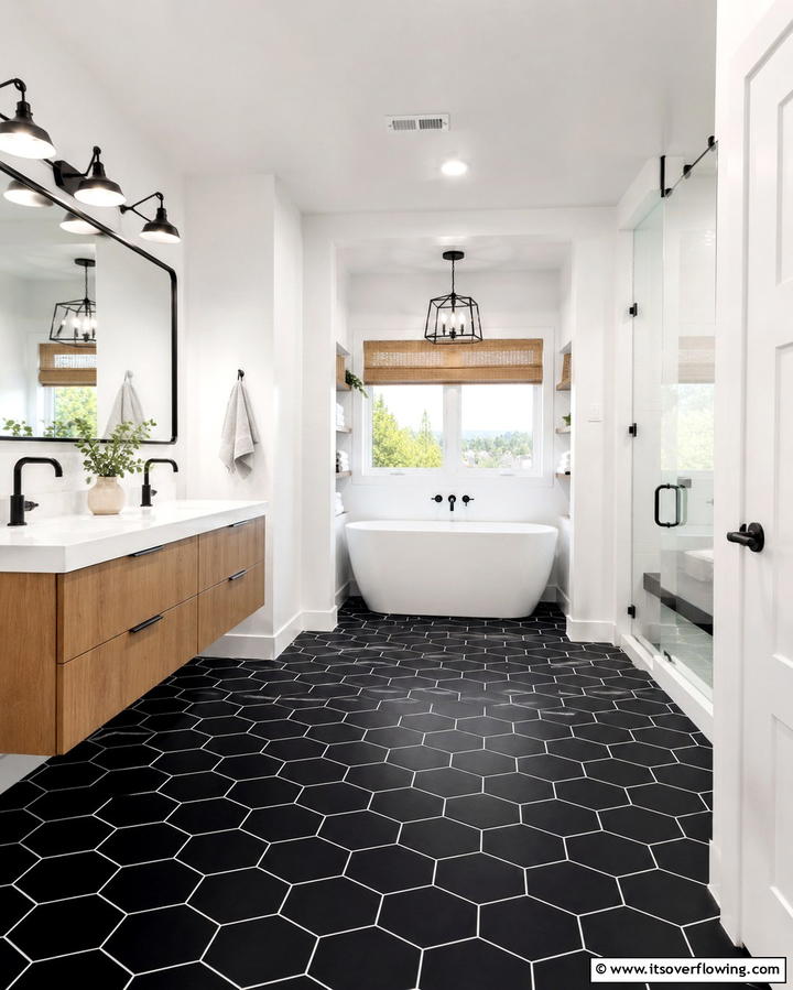 Black Hexagonal Tiles for Unique Geometry - 25 Black Floor Bathroom Ideas for a Bold Look