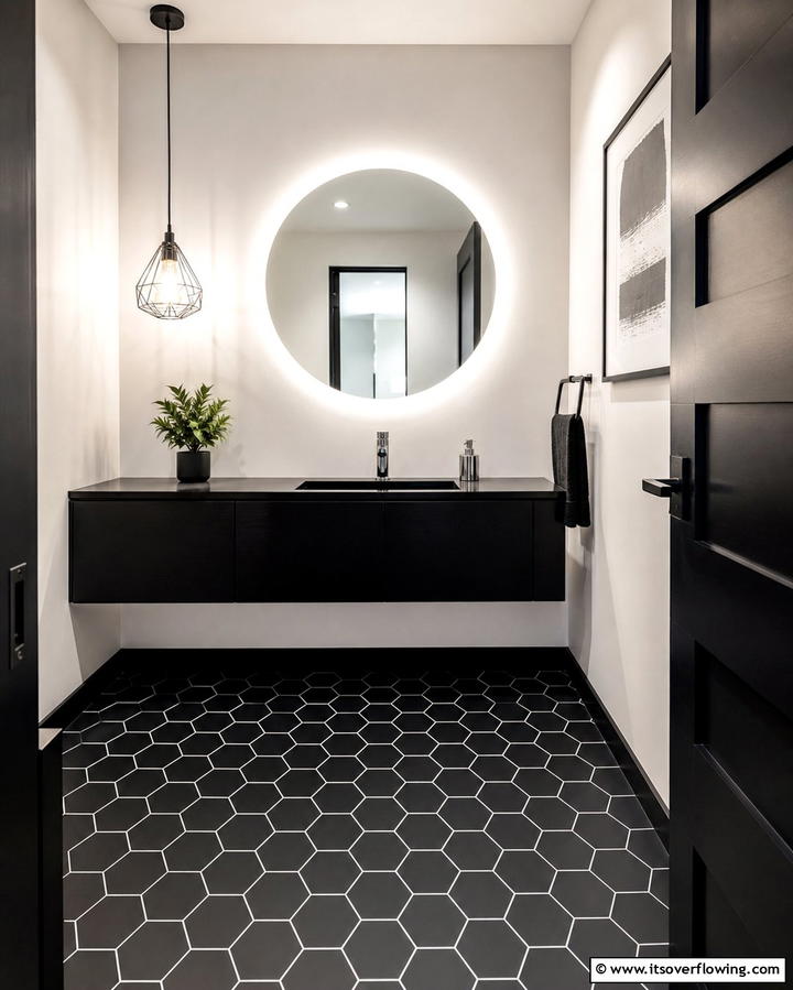 Black Hexagonal Tiles for a Modern Edge - 25 Elegant Black Powder Room Ideas for a Bold Look