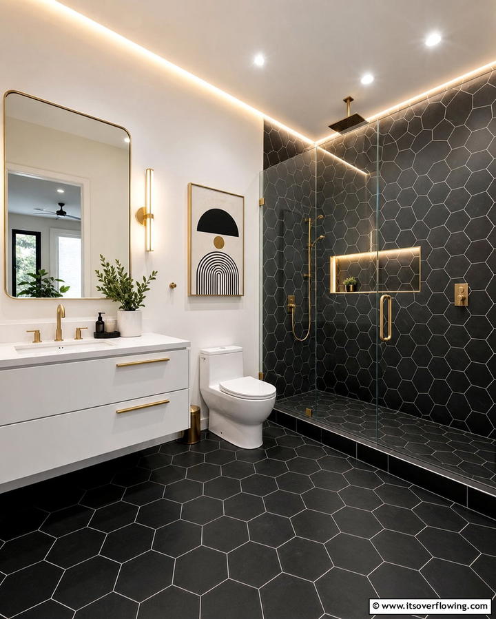 Black Hexagonal Tiles - 25 Stylish Black Tile Bathroom Ideas