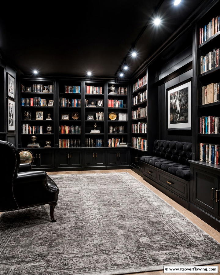 Black Home Library - 30 Black Basement Design Ideas for a Modern & Cozy Space