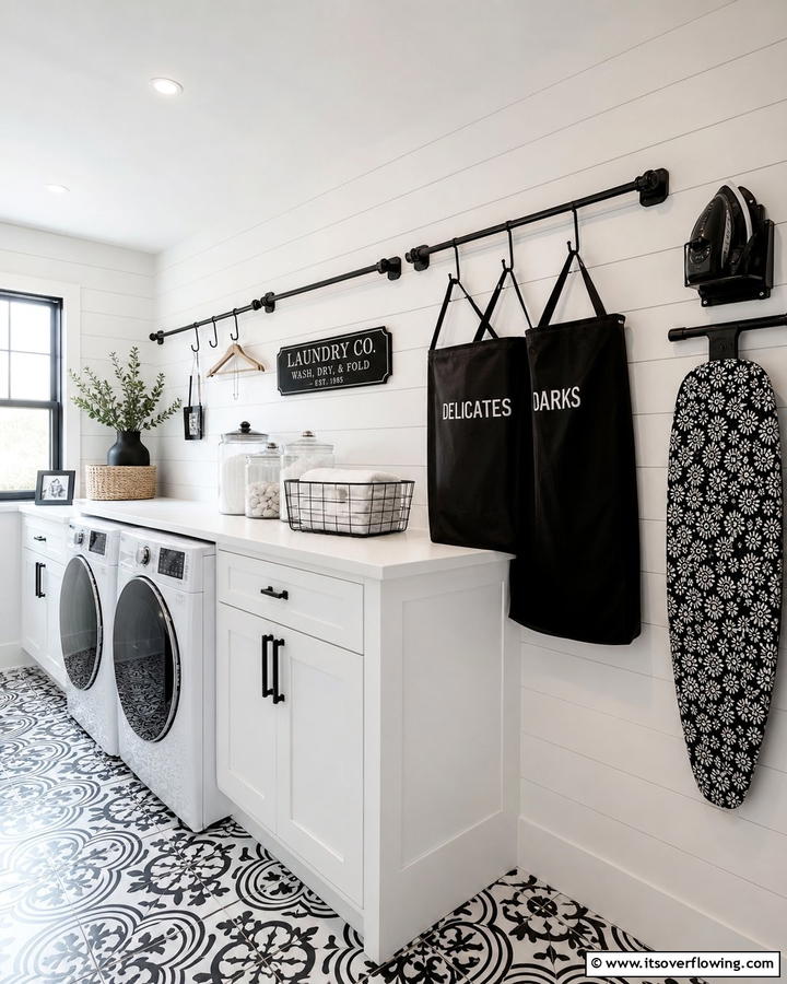 Black Hooks and Rails for Hanging - 20 Black and White Laundry Room Ideas for Style