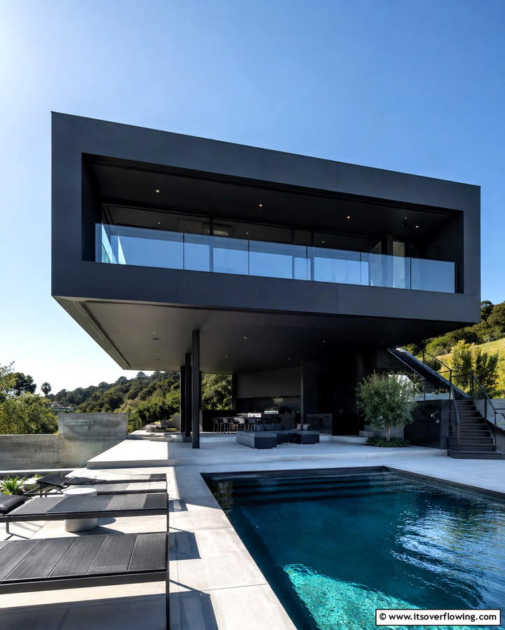 Black House with Cantilevered Design - 25 Modern Black Houses for a Bold Statement