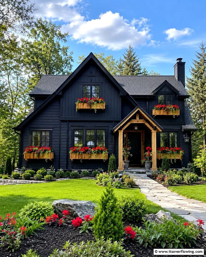 Black House with Cedar Flower Boxes - 30 Modern Black Houses with Cedar Accents for Striker Exteriors