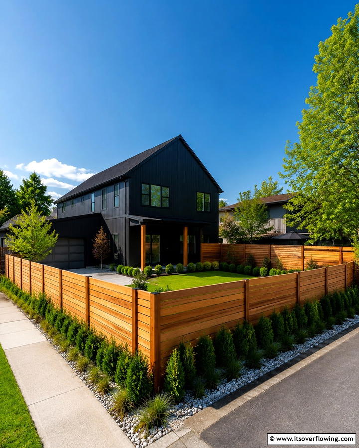 Black House with Cedar Privacy Fence - 30 Modern Black Houses with Cedar Accents for Striker Exteriors