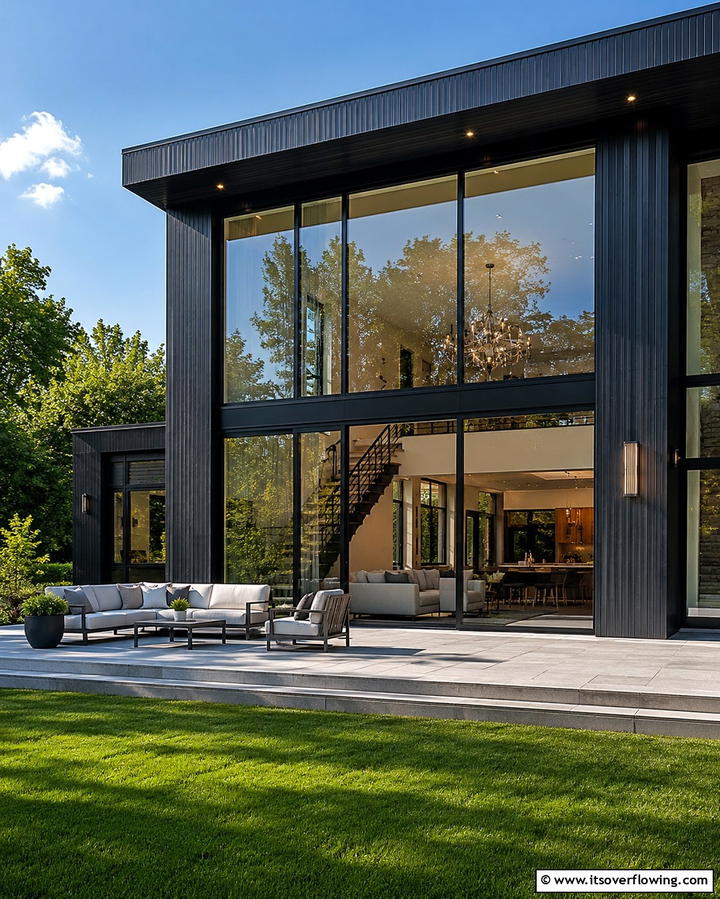 Black House with Floor to Ceiling Windows - 25 Modern Black Houses for a Bold Statement