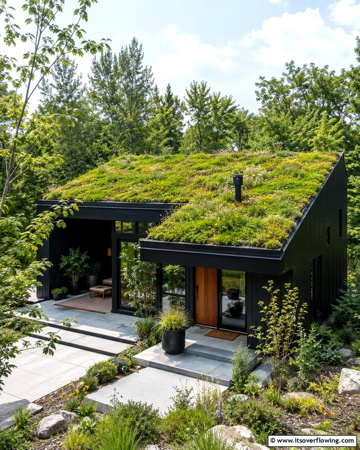 Black House with Green Roof - 25 Modern Black Houses for a Bold Statement