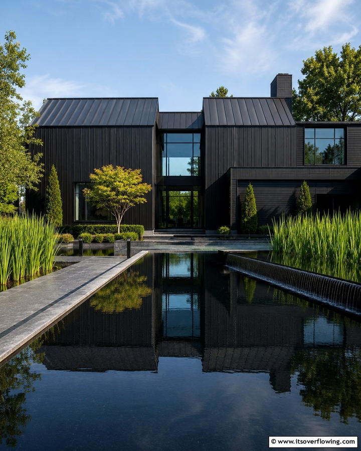 Black House with Water Features - 25 Modern Black Houses for a Bold Statement