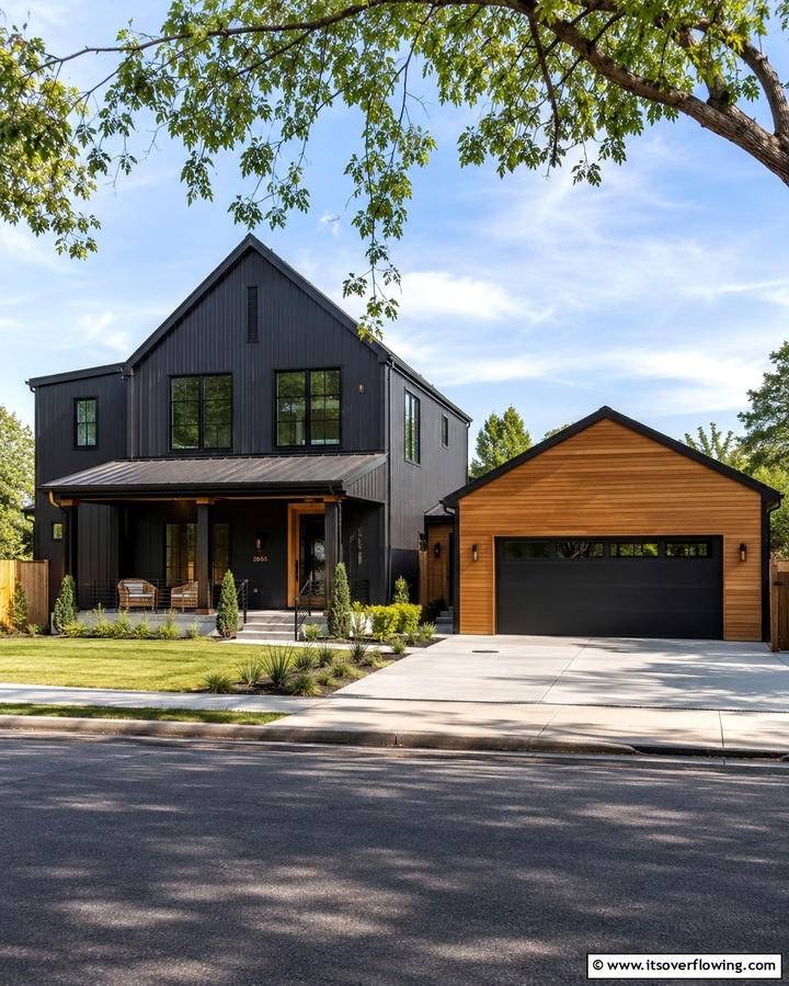Black House with Wooden Garage - 25 Black House With Wood Accents Ideas for a Bold Design