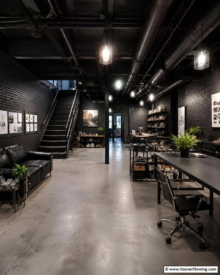 Black Industrial Design - 30 Black Basement Design Ideas for a Modern & Cozy Space